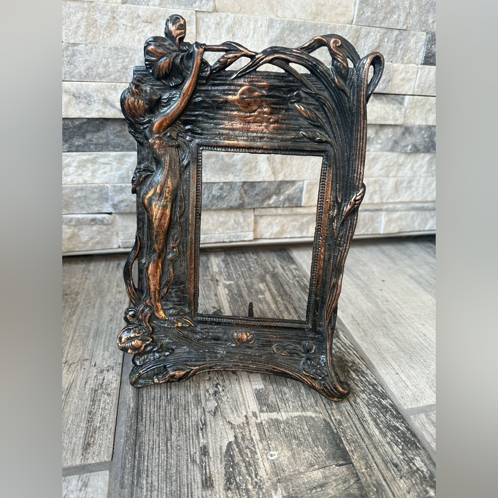 Antique Art Nouvea Fairy Core Bronze Naked Lady w Flower Art Deco Picture Frame